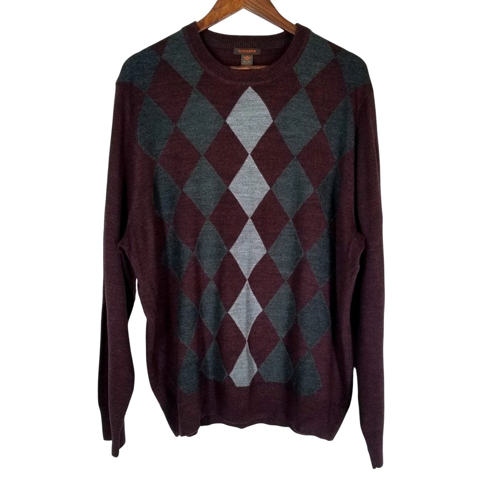 Dockers Mens Argyle Sweater Burgundy‎ Grey Crew Neck Long Sleeve Pullover XL